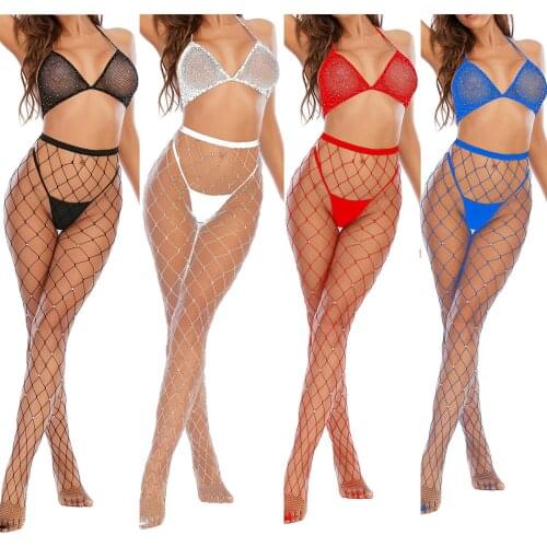 Women Sexy Hot Lingerie Sleepwear Fishnet Stocking Diamond Nightwear Two-Piece Suit Erotic Underwear Lenceria Sensual Mujer New