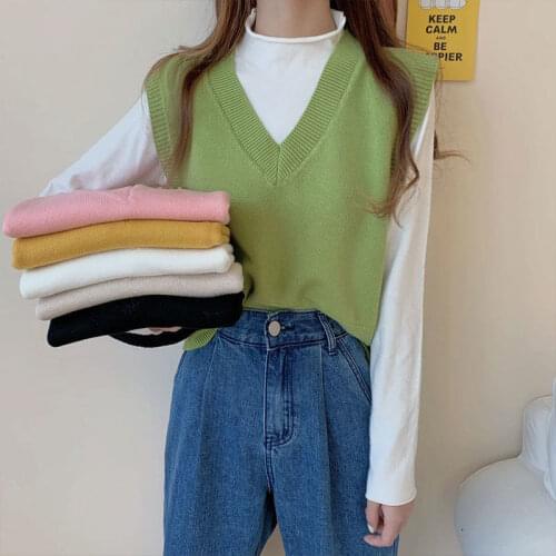 2020 Women Vest Autumn New Loose V-Neck Short Sleeveless Cropped Sweater Knitted Female Korean-Style Fashion Tank Tops Clothes