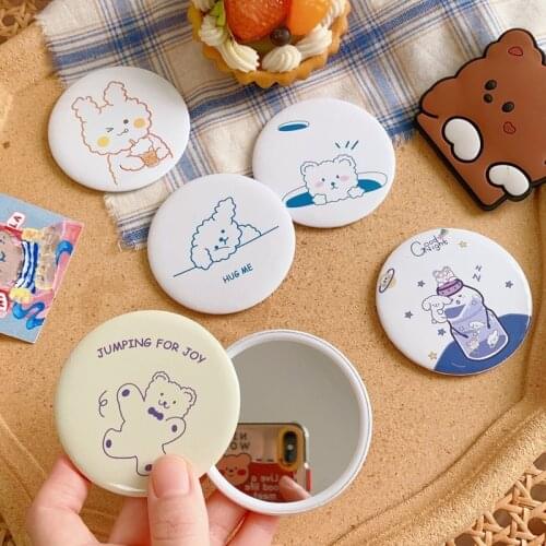 1pc Kawaii Cute Cartoon Portable Small Round Mirror Bear Rabbit Sweet Girl Mini Makeup Mirrors Travel Make Up Tools