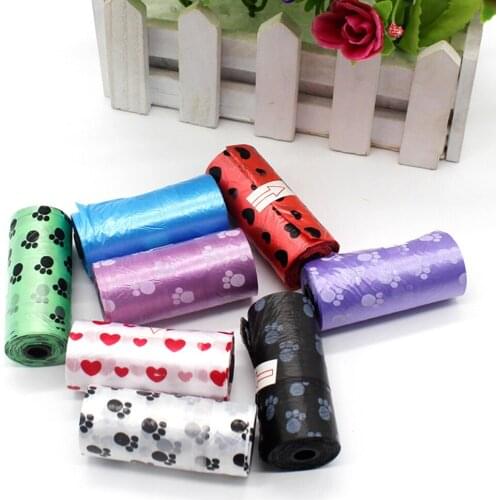 15pcs/roll Pet Dog Waste Poop Bags with Footprint Printed Pattern Design Clean-up Garbage Waste Bag Pet Supplies Random Color