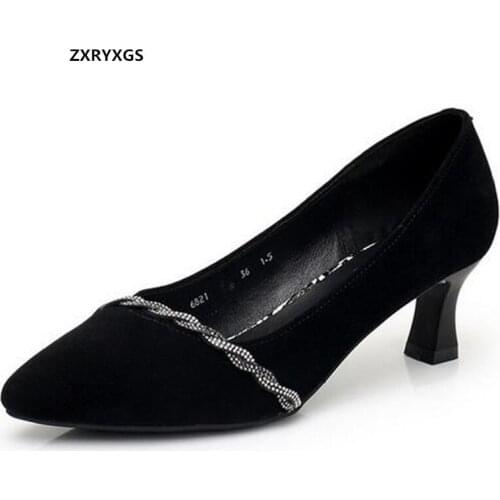 2021 New High Quality Frosted Sheepskin Leather Shoes Women Pumps Rhinestone Shallow Elegance Fashion Stilettos Black Big Size