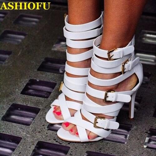 ASHIOFU Handmade Womens Sandals Buckle Straps Party Prom Summer Shoes Peep-toe Sexy Evening Club Fashion Sandals Shoes