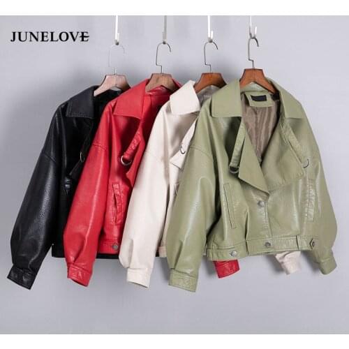 JuneLove 2020 spring Short Loose Pu Leather Jacket Soft Faux Leather Jackets Street Casual Outwear High Waist Retro Coat