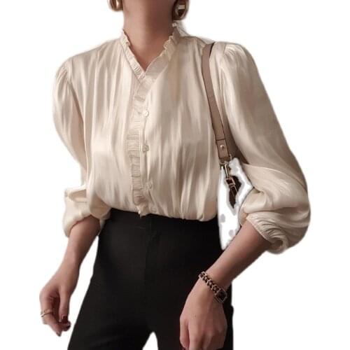 Blusas 2021 Chiffon Women Shirt New Autumn Loose Long Sleeve Stand Collar Female Blouse Pleated Ruffle Splicing Solid Tops 13927