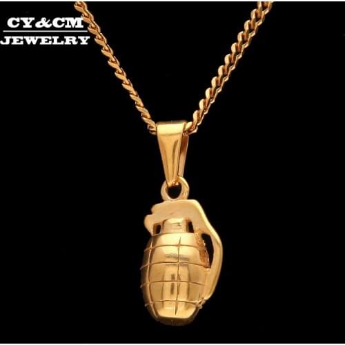 CY&CM Stainless Steel Hand Grenades Shape Hip Hop Charm Pendant Necklace Men Punk Jewelry American Style Gold Silver Color Chain
