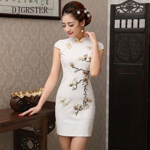DJGRSTER Chinese style Embroidery Cheongsam Dress Women Qipao Short Chinese Traditional Dress Short Sleeve Cheongsams