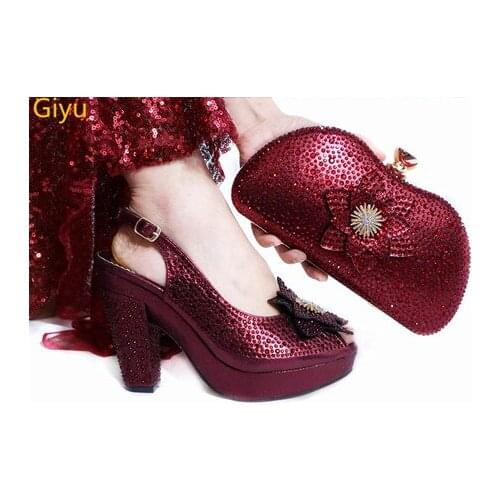 Doershow beautiful WINE Italian Shoes With Matching Bags African lady Shoes and Bags Set For Prom Party Summer Sandal!HLP1-10