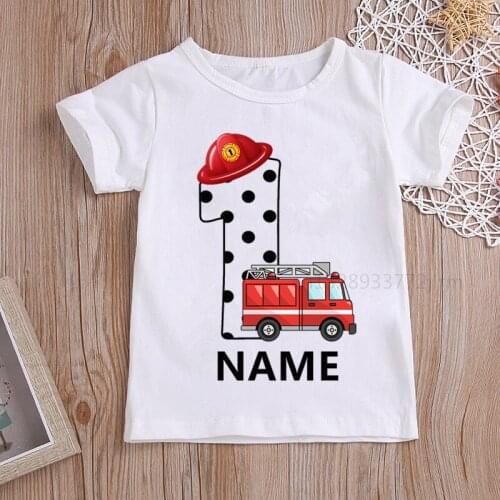 Boys/Girls Cool Name Fire Truck Birthday Numbers T-Shirt Children Boys Happy Birthday T Shirt White T-Shirt Baby Girls Top