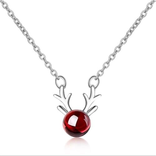 Korean version of the small fresh trend simple sweet cute wild antler red garnet silver plated necklaces SE013