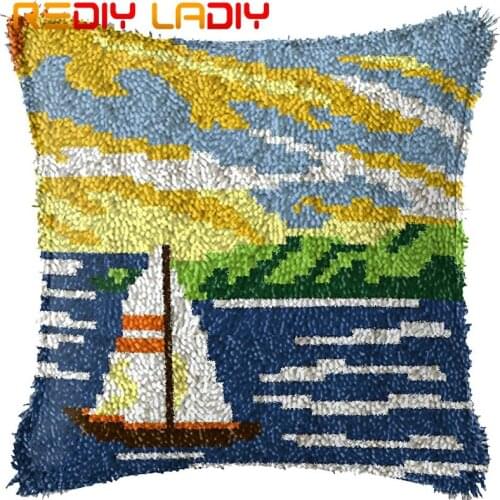 Latch Hook Cushion Sailboat Coast Printed Canvas Cushion Front Acrylic Yarn Crochet Pillow Case Kits Hobby & Crafts Home Decor