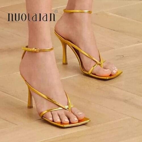 Summer Women Sandals Fashion Pinch Narrow Band Women High Heel Sandal Ladies Square Open Toe Ankle Buckle Strap Stiletto Heels