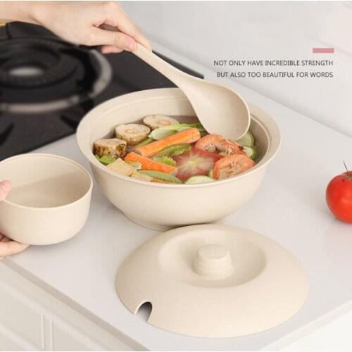 2Pcs Soup Pot Set Wheat Straw Cutlery Set Soup Pot with Lid Spoon Household Kitchen Accessories Reusable Tableware Unbreakable