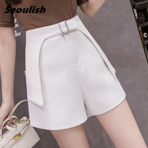 Seoulish 2021 New Summer Elegant Womens Suit Shorts Sashes Fashionable High Waist Shorts Female Casual Loose Trousers Pockets