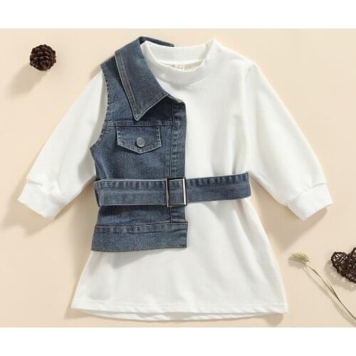 Autumn Childrens Sets Fashion Kids Girls Clothes Sets Kids Long Sleeve Pullover Dress Denim Vest with Belt Set 1-6Y