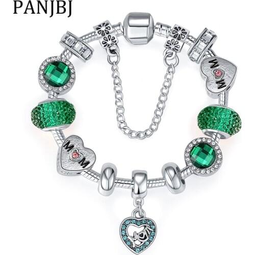 Silver Plated Bead Bracelet Love Family Mother Heart Green Snake Chain Basic Charm Bracelet For Fashion Women DIY Jewelry Gift