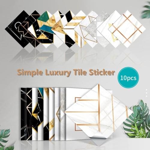10pcs Simple Luxury Gold Print Tile Stickers PVC Self Adhesive Waterproof Wall Sticker for Bathroom Kitchen TV Wall Home Decor