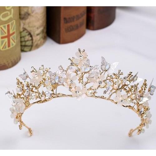 Luxury Butterfly Flower Bridals Tiaras Crowns Baroque Gold Color Bride Hairbands Wedding Headpiece Hair accessories Jewelry SL