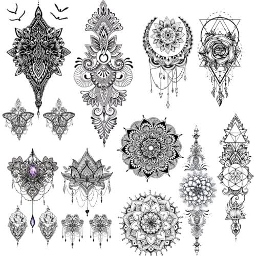 Sexy India Lace Temporary Tattoo For Women Black Mandala Henna Flower Tattoos Fake Jewelry Chains Tatoo Pendants Body Chest Hand