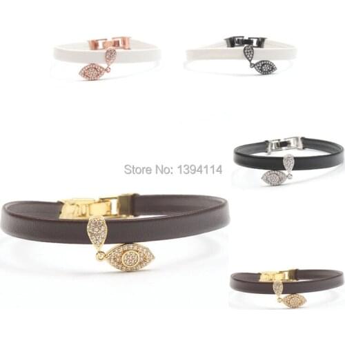 Micro Pave Clear CZ Evil Eye Charm Stringed 8*1mm Leather Cord Fold Over Clasp Bracelet Jewelry Approx 8 Inch