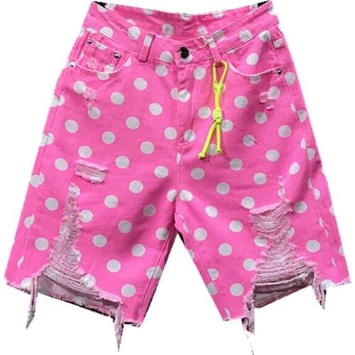 Summer Women High Waist Dot Rose Red Hole Ripped Knee Length Shorts Casual Streetwear Straight Denim Shorts Lady Tassel Hot Pant