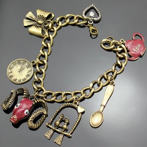 Fairytale Vintage Gold Red Aries Ram Zodiac Tea Parrot Watch Link Chain Charm Viking Bangle Bracelet Jewelry bijoux Heart