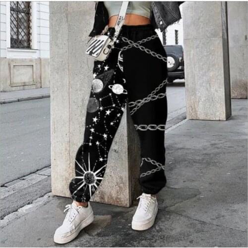Womens Loose Sweatpants Trendy Printed Elastic Waist Color Block Street Jogger Pants With Pockets