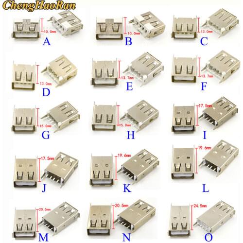 5pcs Female USB 2.0 10/13/13.7/15/17.5/19.6/ 20.5/24.5 MM vertical upright board 4 Pin Flat or Curled Edges DIY Connector
