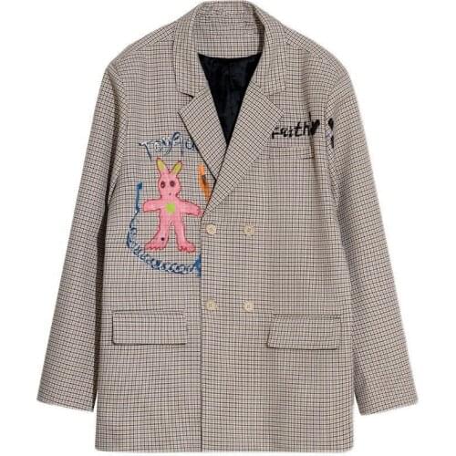Spring Plaid Blazer Femme Double Breasted Suit Jacket Cartoon Print Women 2021 Oversized Vintage Americana Mujer Outwear SY167