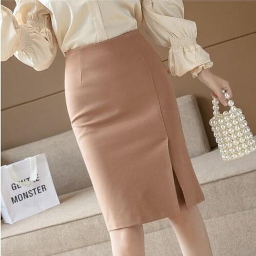 TingYiLi High Waist Slit Pencil Skirts Womens Elegant Slim Office Wear Midi Skirt Korean Style Black Beige Red Skirt Plus Size