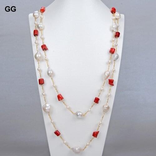 N062209 Natural 64" Red Coral White Keshi Freshwater Cultured Pearl Necklace
