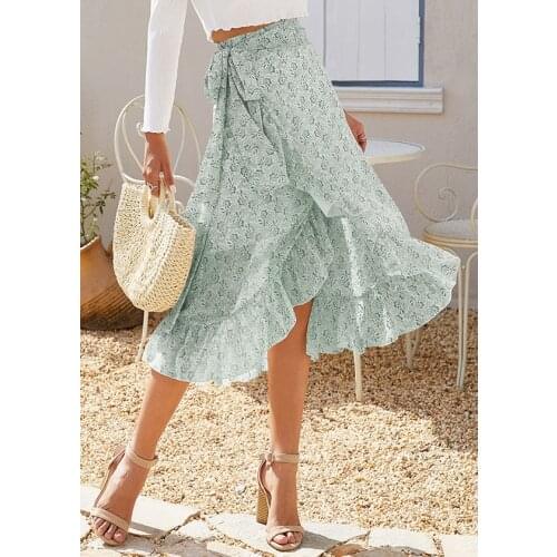 Womens skirt Skirt Womens Floral Print Lace Up Ruffle Irregular Chiffon Denim skirt High-waisted skirt pleated Midi skirts