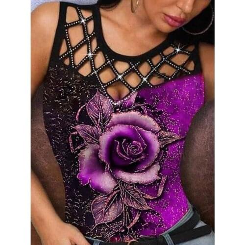 Womens Fashion Summer Tank Tops Floral Printed Multicolor Rose Sleeveless Plus Size Hollow Out Ladies Casual Vest Shirts
