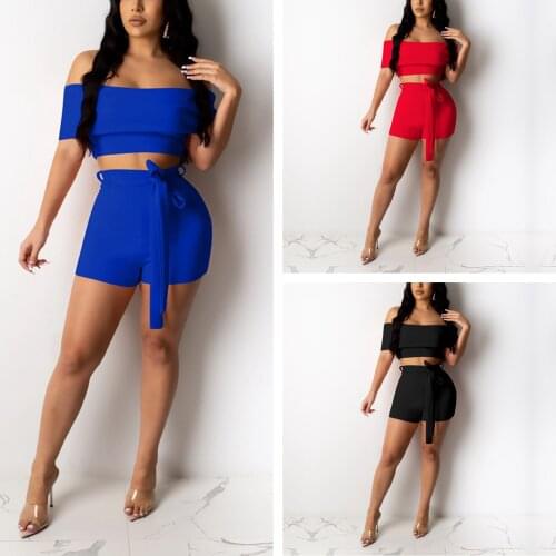 Womens Short Sleeve and Shorts Suit Fashion Solid Color Off-shoulder Cropped Tops and Bandage Tight Shorts