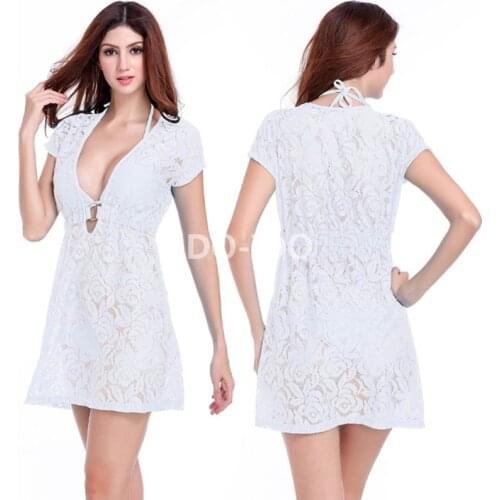 The new 2016 hollow-out hook flower lace dress deep V sexy dress Sexy Women Long Lace dress