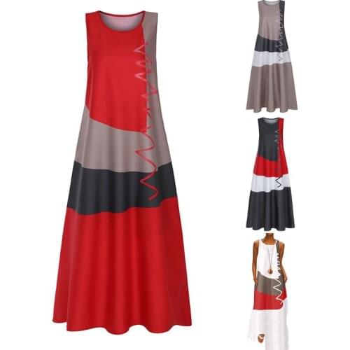 2021 New Women Sleeveless O-Neck Maxi Tank Dress Color Block Wavy Stripe Loose Sundress