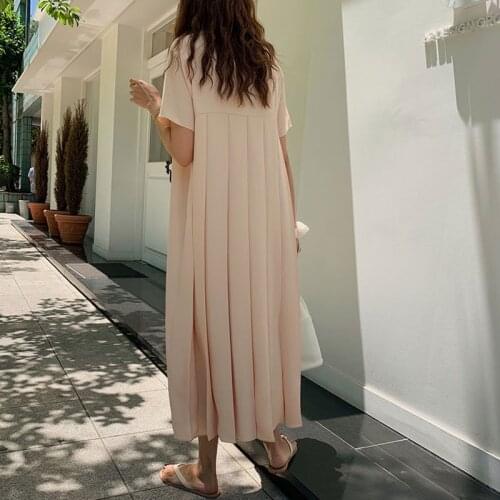 Johnature New Korean Pleated Dresses 2021 Summer Solid Color Loose Hollow Out Short Sleeve Women Dress