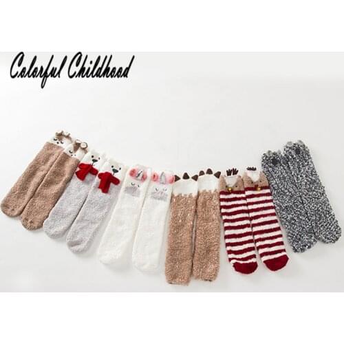Winter Coral fleece socks 3D cartoon X-mas deer bear lovely bird anti-slip warm sleeping mid tube sock christmas calcetines1-10Y