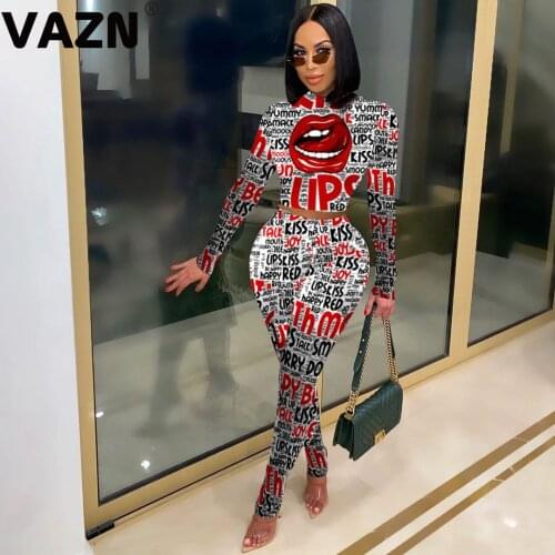 VAZN 2021 Special Sexy O-neck Two Piece Set Colorful Print Button Bodycon 2 Piece Set Women Long Sleeve Top And Pant Autumn