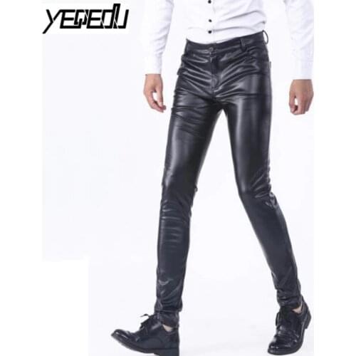 #2207 Spring Winter Skinny Faux Leather Pants Men Stretch PU Mens Joggers Fashion Casual Pencil Tight PU Pants Black Plus Size
