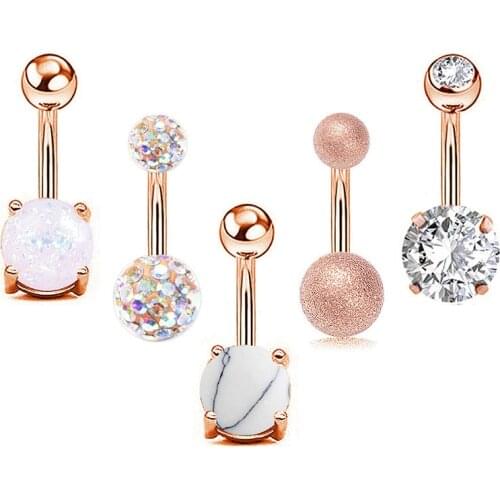 5Pcs/set Belly Piercing Ombligo Jewelry for Women Belly Button Rings Rose Gold Medical Steel Rhinestone Sexy Body Navel Piercing