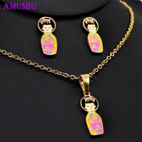 AMUMIU kimono Japanese doll necklaces pendants Jewelry sets big and small Necklace Earrings Set Woman/Child short hair JS080