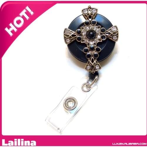 Bling Rhinestone Retractable Badge Reel/ ID Badge Holder / Brooch / Pendant / Reels (Antique Gold Black Stone Cross)