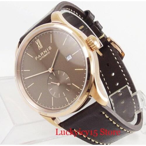 PARNIS 42mm Mechanical Men Watch Rose Gold Round Case Wristwatch Auto Date Coffee Dial Leather Strap