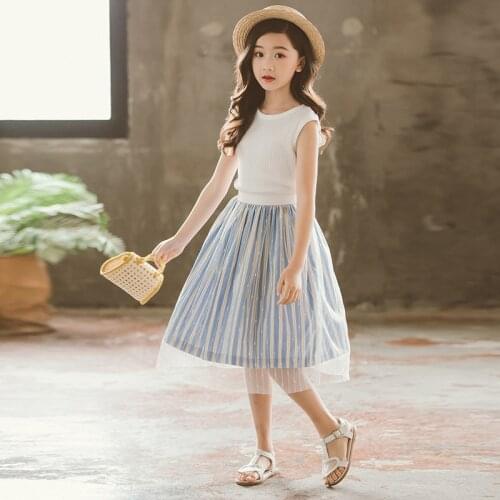 Kids Skirts Summer Mesh Striped Girls Skirt Teenage Girl Princess Costume 6 8 10 12 14 16 Yrs Children Clothing