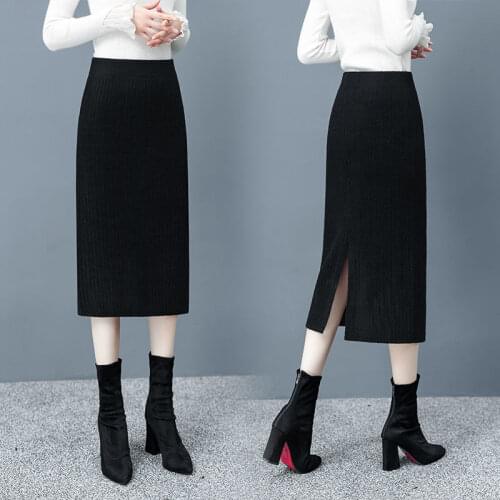 Elegant 60-80CM Elastic Waist Women Skirt Autumn Winter Warm Rib Knitted Straight Midi Skirt Black Thick Warm Split Pencil Skirt