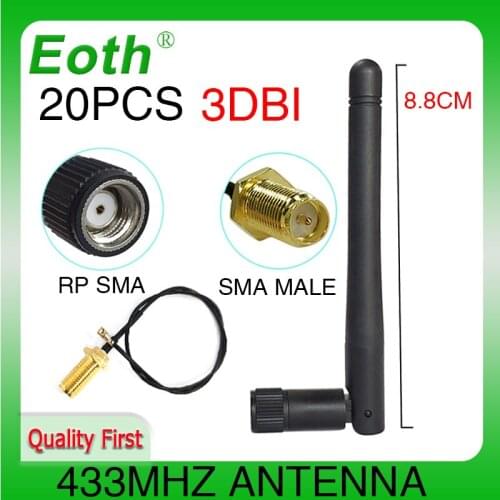 20pcs 433Mhz Antenna 3dbi GSM 433 mhz RP-SMA Connector Rubber 433m Lorawan antenna+ IPX to SMA Male Extension Cord Pigtail Cable