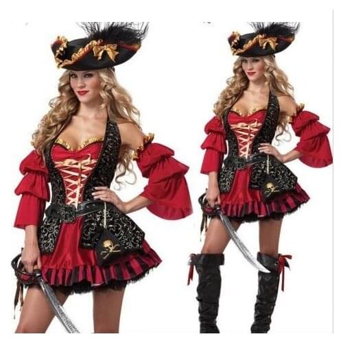 Halloween Sexy Pirate Queen Cosplay Women Adult Red Cosplay Costume Dress Prom Gown Hat Sets Halloween Carnival Costume