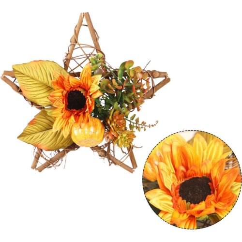 Artificial Flower Fall Wreath With Wooden Star Base Sunflowers Maple Leaves Decorated For Wall Door Hang Thanksgiving Halloween