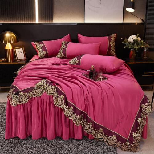 2021new Washed silk Embroidered lace bedding sets queen king size duvet cover set bed skirt set pillowcase bedclothes 4Pcs