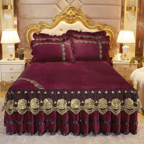 Korean Bedspread Bed Sheet Pillowcases Crystal Velvet Lace Embroidery Bed Skirt Mattress Cover Thicken Warm Bedding Home Textile